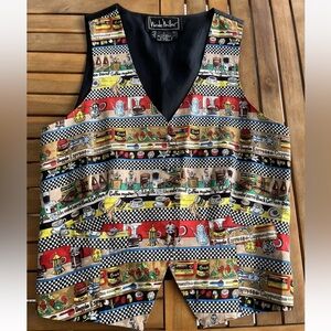 Nicole Miller Silk Vest Sz L Coffee Lovers Black Red Yellow Vintage 90s 1995